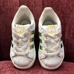 Adidas Kids White Sneakers with Green and Yellow Stripes